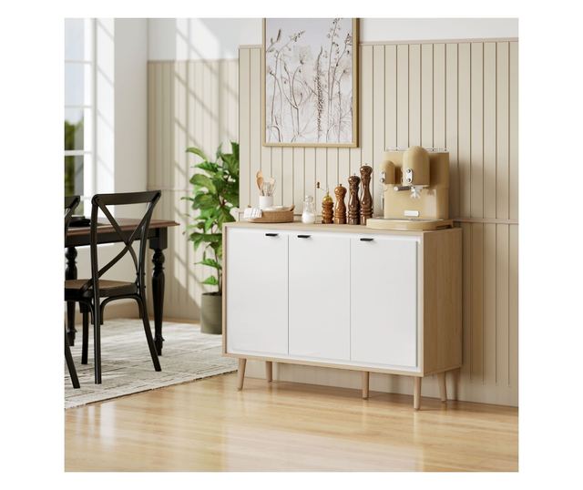 Modern komód 3 ajtóval és állítható polccal 107x35x77cm Fehér és Tölgy