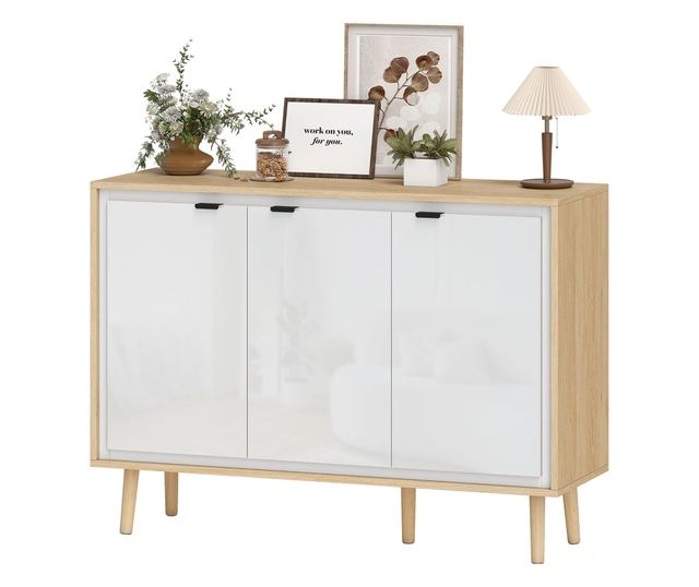 Modern komód 3 ajtóval és állítható polccal 107x35x77cm Fehér és Tölgy