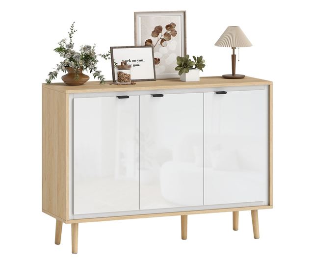 Modern komód 3 ajtóval és állítható polccal 107x35x77cm Fehér és Tölgy