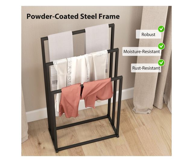 Összecsukható ruhaszárító 3 állítható rúddal, függőleges szárító forgó kerekekkel és rozsdamentes acél vázzal, otthoni szárító