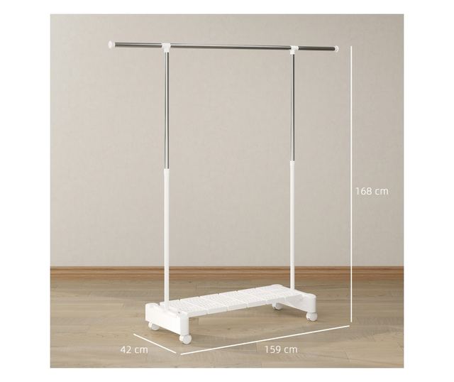 Bővíthető függőleges ruhaszárító kerékkel és cipőtartó polccal, fehér