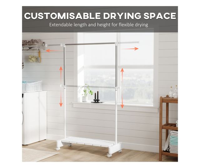 Bővíthető függőleges ruhaszárító kerékkel és cipőtartó polccal, fehér