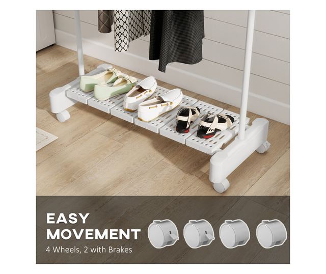 Bővíthető függőleges ruhaszárító kerékkel és cipőtartó polccal, fehér