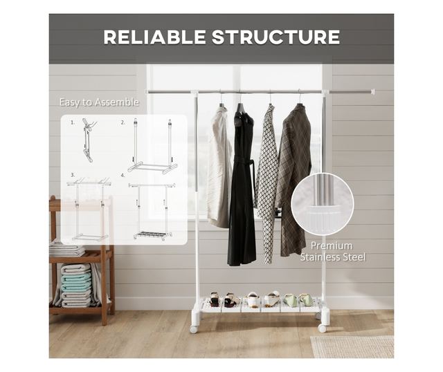 Bővíthető függőleges ruhaszárító kerékkel és cipőtartó polccal, fehér