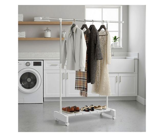 Bővíthető függőleges ruhaszárító kerékkel és cipőtartó polccal, fehér
