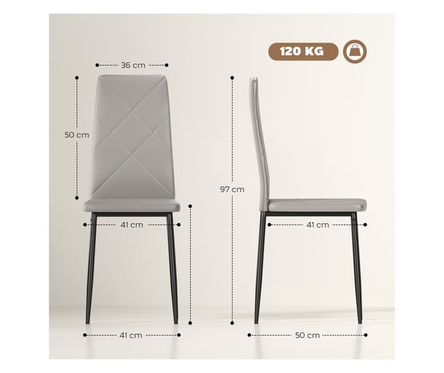 4 db magas háttámlás műbőr és acél étkezőszék, 41x50x97cm, szürke
