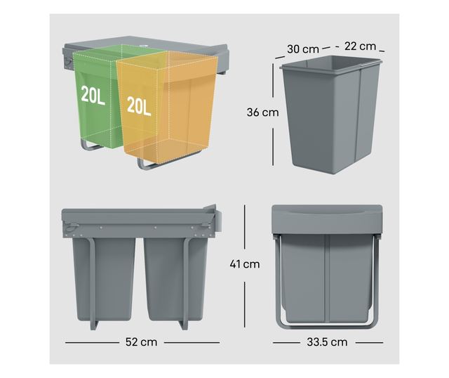 Kihúzható szemetes a mosogató alá, 2 x 20L vödör, szürke