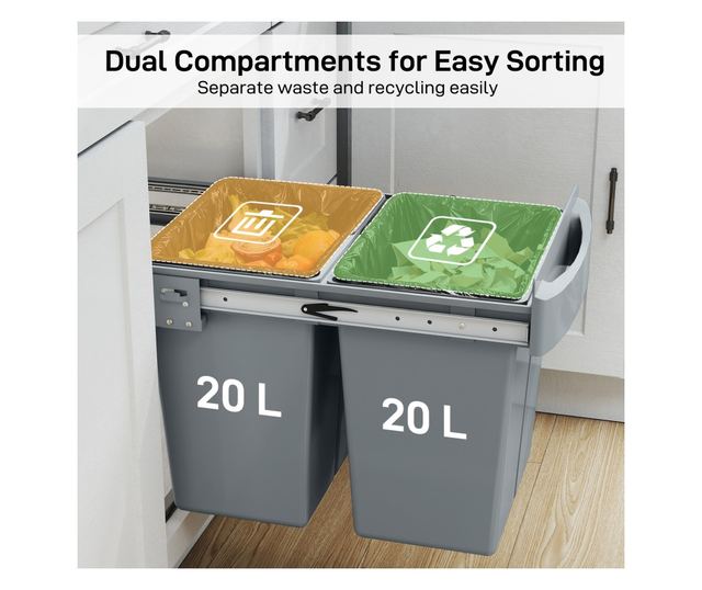 Kihúzható szemetes a mosogató alá, 2 x 20L vödör, szürke