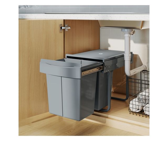 Kihúzható szemetes a mosogató alá, 2 x 20L vödör, szürke