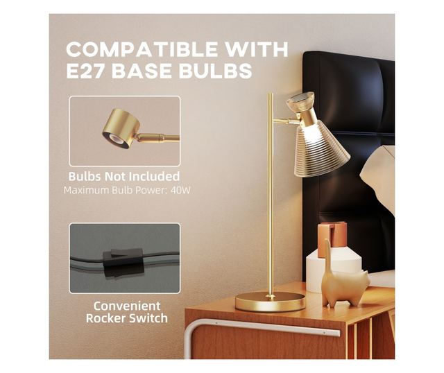 Modern asztali lámpa állítható matt borostyán üveg lámpaernyővel, E27 foglalattal, arany színben