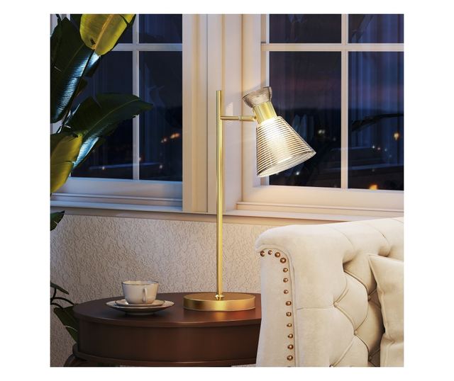 Modern asztali lámpa állítható matt borostyán üveg lámpaernyővel, E27 foglalattal, arany színben