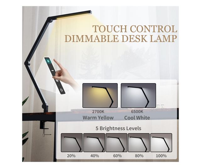 Dimmelhető LED asztali lámpa bilincsel, állítható karral és 2 fényszínnel, fekete