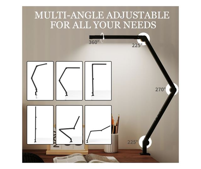 Dimmelhető LED asztali lámpa bilincsel, állítható karral és 2 fényszínnel, fekete