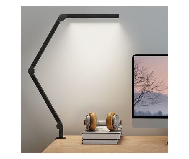 Dimmelhető LED asztali lámpa bilincsel, állítható karral és 2 fényszínnel, fekete
