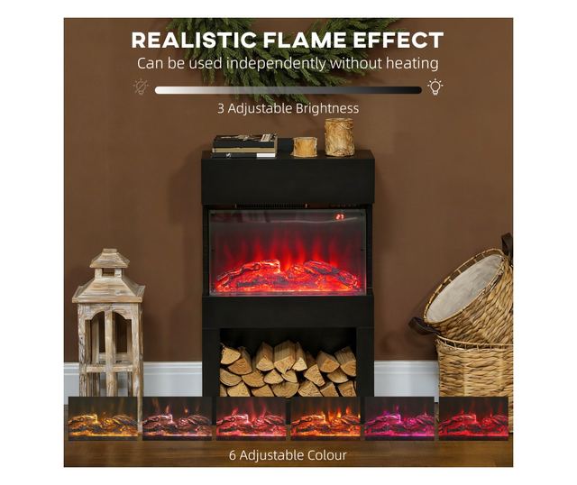 Elektromos kandalló színes lánghatással, 1000W/2000W és távirányítóval