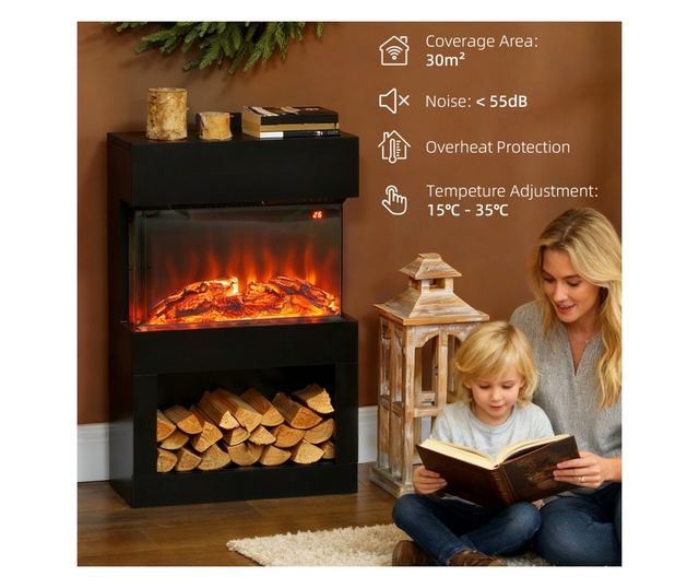 Elektromos kandalló színes lánghatással, 1000W/2000W és távirányítóval