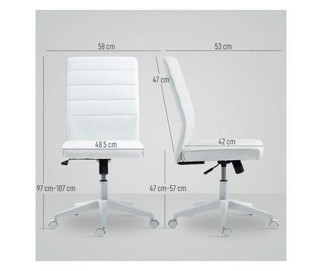Ergonomikus és állítható irodai szék ívelt háttámlával, PU bőr és acél, 58x53x97-107 cm, fehér