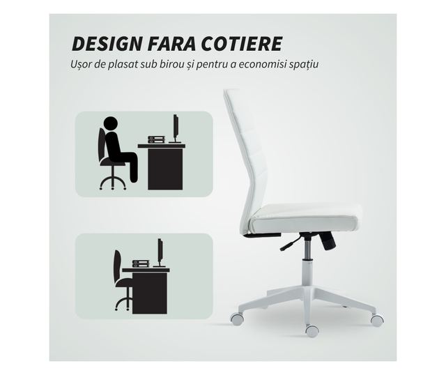 Ergonomikus és állítható irodai szék ívelt háttámlával, PU bőr és acél, 58x53x97-107 cm, fehér