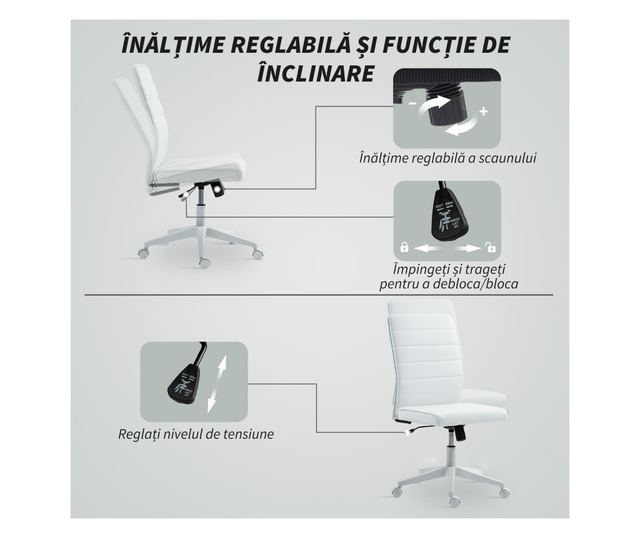 Ergonomikus és állítható irodai szék ívelt háttámlával, PU bőr és acél, 58x53x97-107 cm, fehér