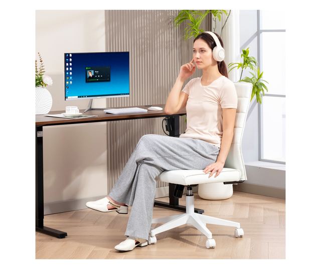 Ergonomikus és állítható irodai szék ívelt háttámlával, PU bőr és acél, 58x53x97-107 cm, fehér