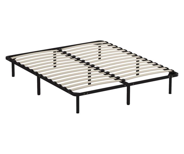 Ipari franciaágy keret 28 léccel, fa és acél tárolóhellyel, 190x160x31 cm, fekete és fa