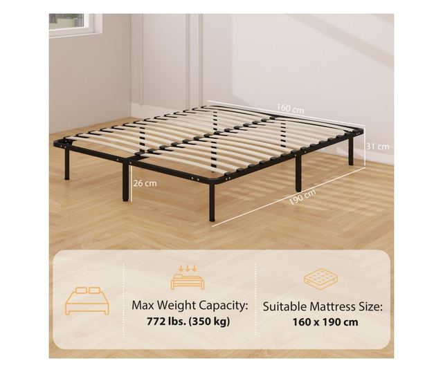 Ipari franciaágy keret 28 léccel, fa és acél tárolóhellyel, 190x160x31 cm, fekete és fa