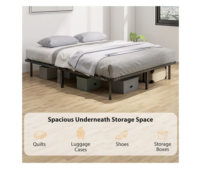 Ipari franciaágy keret 28 léccel, fa és acél tárolóhellyel, 190x160x31 cm, fekete és fa