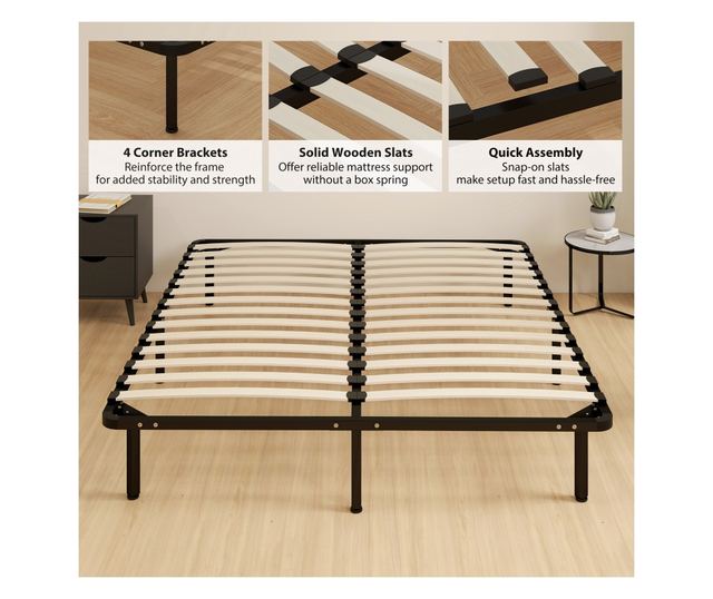 Ipari franciaágy keret 28 léccel, fa és acél tárolóhellyel, 190x160x31 cm, fekete és fa