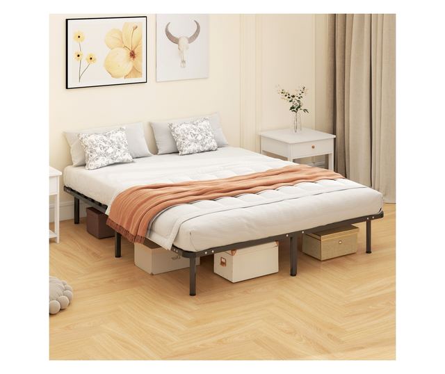 Ipari franciaágy keret 28 léccel, fa és acél tárolóhellyel, 190x160x31 cm, fekete és fa