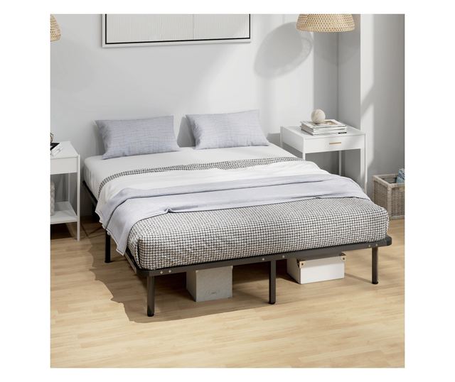 Ipari franciaágy keret 28 léccel, fa és acél tárolóhellyel, 190x160x31 cm, fekete és fa