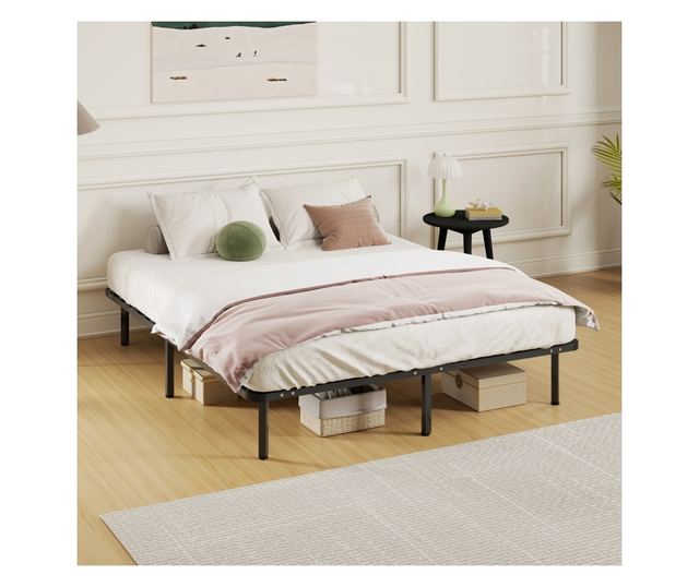 Ipari franciaágy keret 28 léccel, fa és acél tárolóhellyel, 190x160x31 cm, fekete és fa