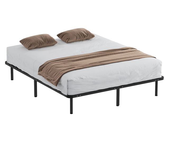 Ipari franciaágy keret 28 léccel, fa és acél tárolóhellyel, 190x160x31 cm, fekete és fa