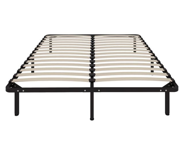 Ipari franciaágy keret 28 léccel, fa és acél tárolóhellyel, 190x160x31 cm, fekete és fa