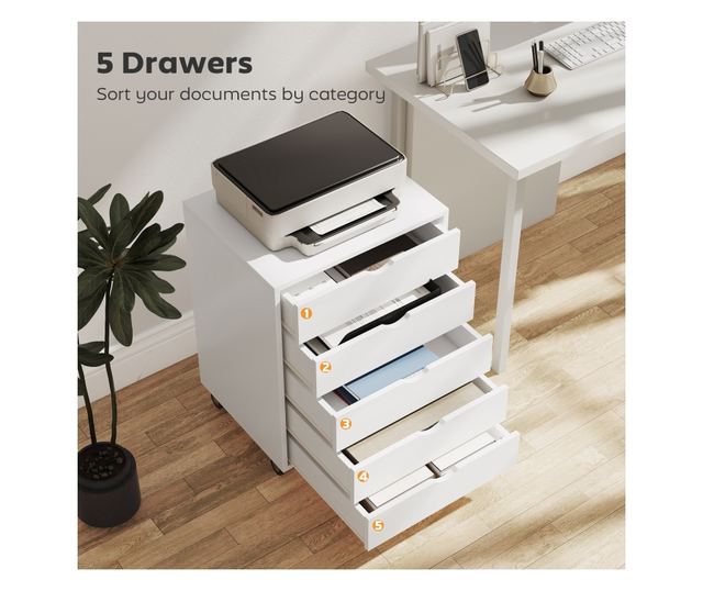 Irodai iratszekrény 5 fiókkal A3 dokumentumokhoz, kerekekkel és zárral, 50x40x67,5 cm, fehér