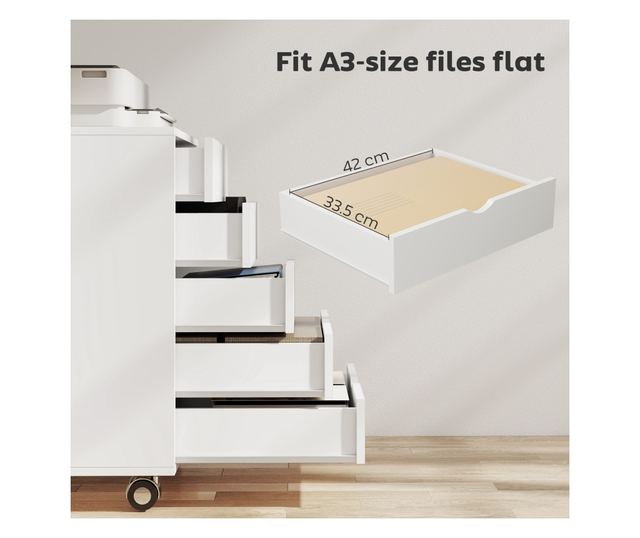 Irodai iratszekrény 5 fiókkal A3 dokumentumokhoz, kerekekkel és zárral, 50x40x67,5 cm, fehér