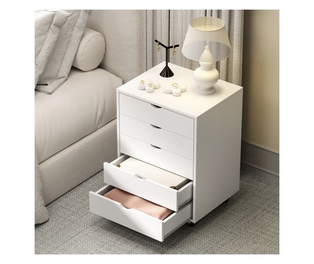 Irodai iratszekrény 5 fiókkal A3 dokumentumokhoz, kerekekkel és zárral, 50x40x67,5 cm, fehér