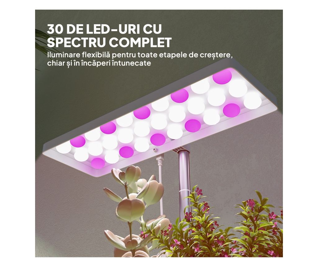 Lampă pentru Plante cu 30 de Lumini LED, 3 Vase, Timer 8/12/16/24H, 5 Niveluri de Luminozitate, Lumina pentru Creștere Reglabilă - 5