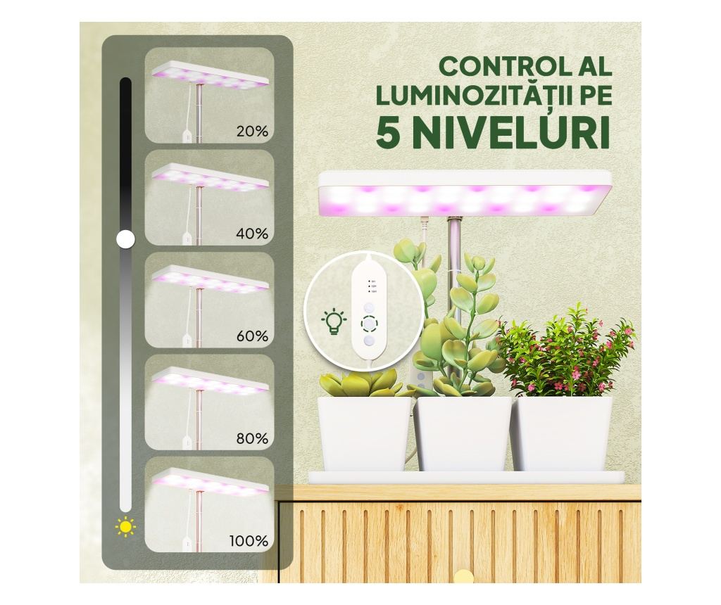 Lampă pentru Plante cu 30 de Lumini LED, 3 Vase, Timer 8/12/16/24H, 5 Niveluri de Luminozitate, Lumina pentru Creștere Reglabilă - 7