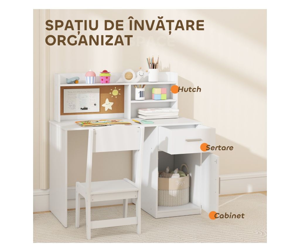 Birou pentru copii cu rafturi, dulap, sertar și scaun asortat, set masă și scaun pentru copii din MDF alb - 4