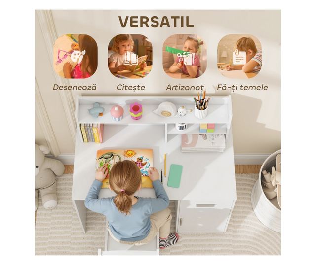Gyere Asztal Polcokkal, Szekrénnyel, Fiókkal és Székkel, Fehér