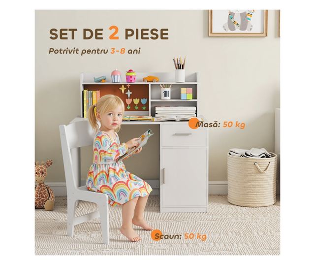 Gyere Asztal Polcokkal, Szekrénnyel, Fiókkal és Székkel, Fehér