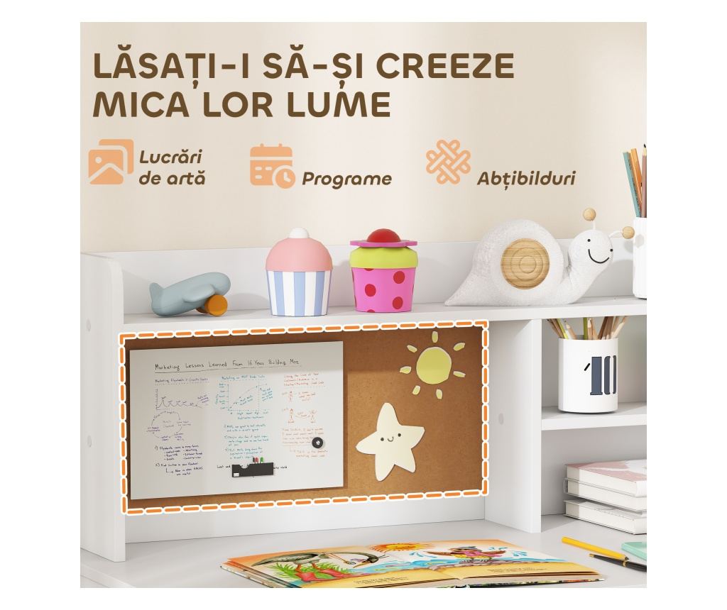 Birou pentru copii cu rafturi, dulap, sertar și scaun asortat, set masă și scaun pentru copii din MDF alb - 7