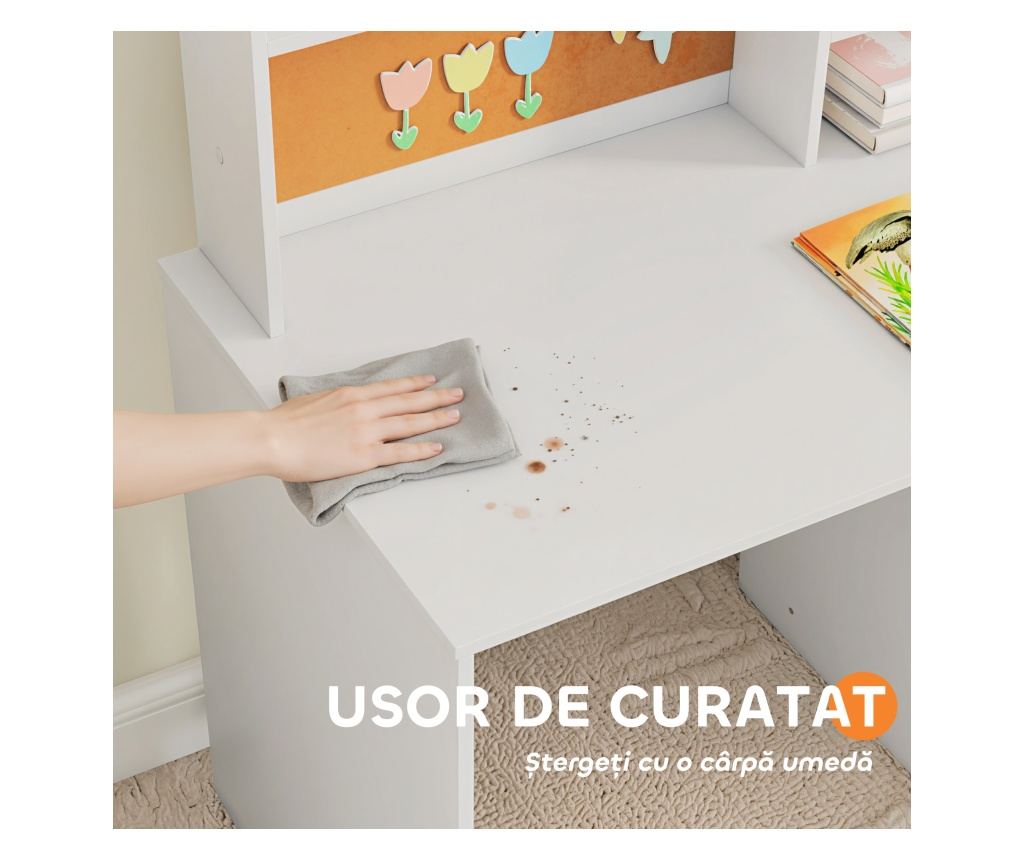Birou pentru copii cu rafturi, dulap, sertar și scaun asortat, set masă și scaun pentru copii din MDF alb - 8