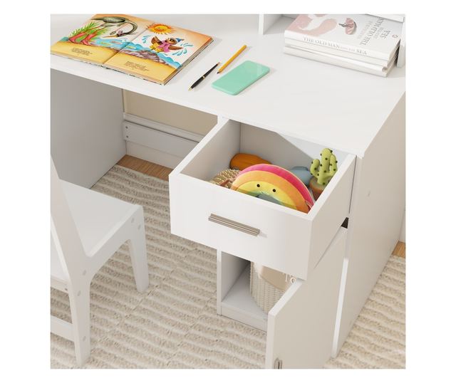Gyere Asztal Polcokkal, Szekrénnyel, Fiókkal és Székkel, Fehér