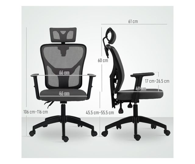 Állítható Irodai Szék, 66x61x106-116cm, Sötétszürke