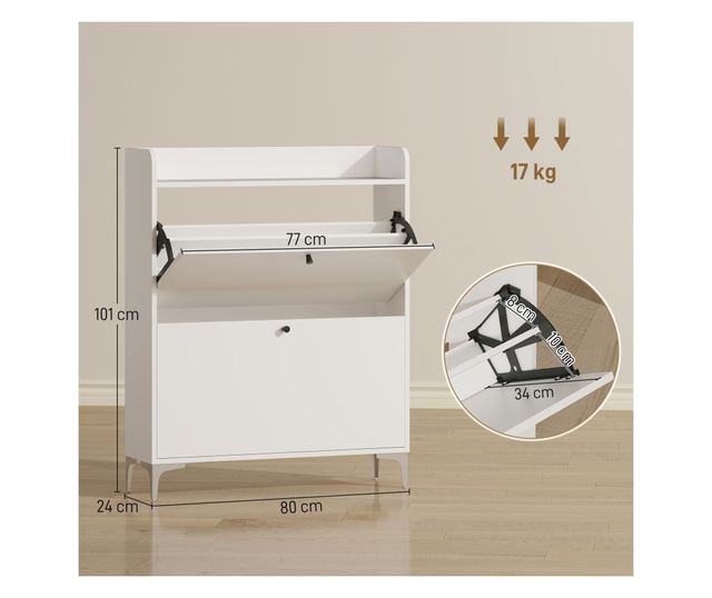 Slim cipőtartó 2 lehajtható fiókkal és állítható polcokkal, fa és fém, 80x24x101cm, fehér