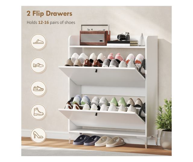 Slim cipőtartó 2 lehajtható fiókkal és állítható polcokkal, fa és fém, 80x24x101cm, fehér