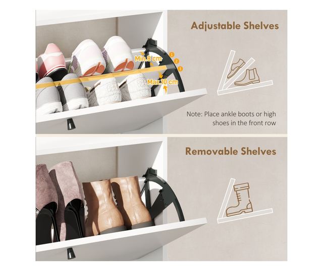 Slim cipőtartó 2 lehajtható fiókkal és állítható polcokkal, fa és fém, 80x24x101cm, fehér