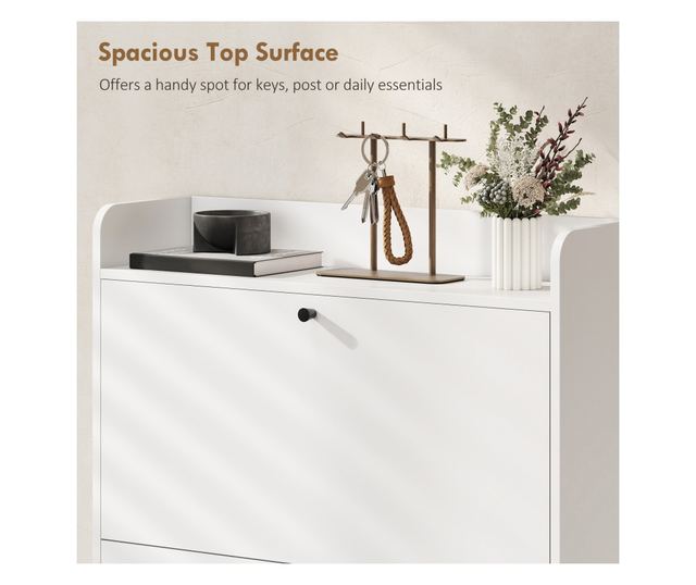 Slim cipőtartó 2 lehajtható fiókkal és állítható polcokkal, fa és fém, 80x24x101cm, fehér