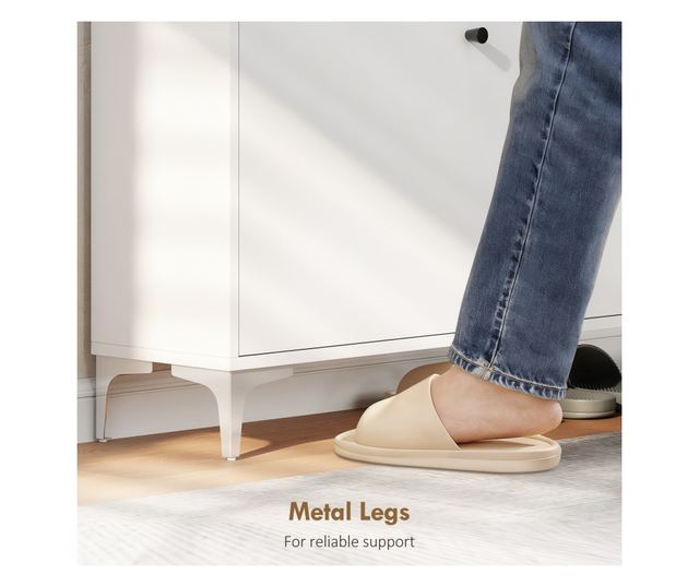 Slim cipőtartó 2 lehajtható fiókkal és állítható polcokkal, fa és fém, 80x24x101cm, fehér